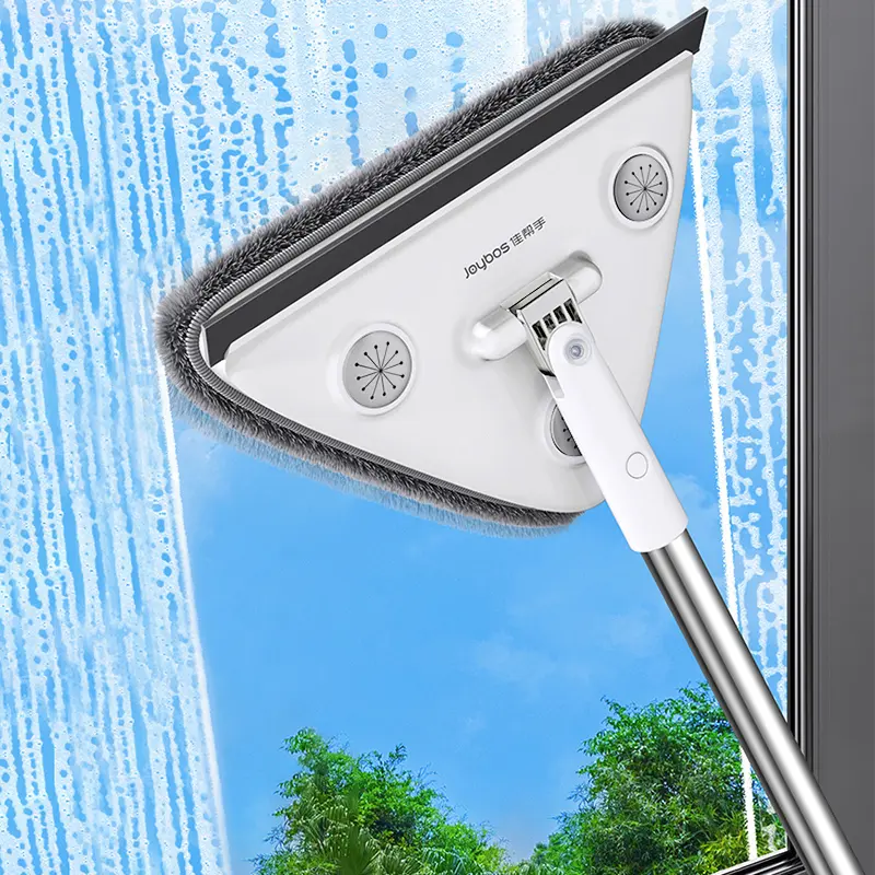 Joybos 2-in-1 Multifunctional Window Squeegee Tool - 46.3-in Lightweight Durable Aluminium Telescopic Retractable Rod, Triangular Removable Washable Microfiber Rag Head, Plastic Scraper for Window Clean, Scraping (Bendable Compact Design)