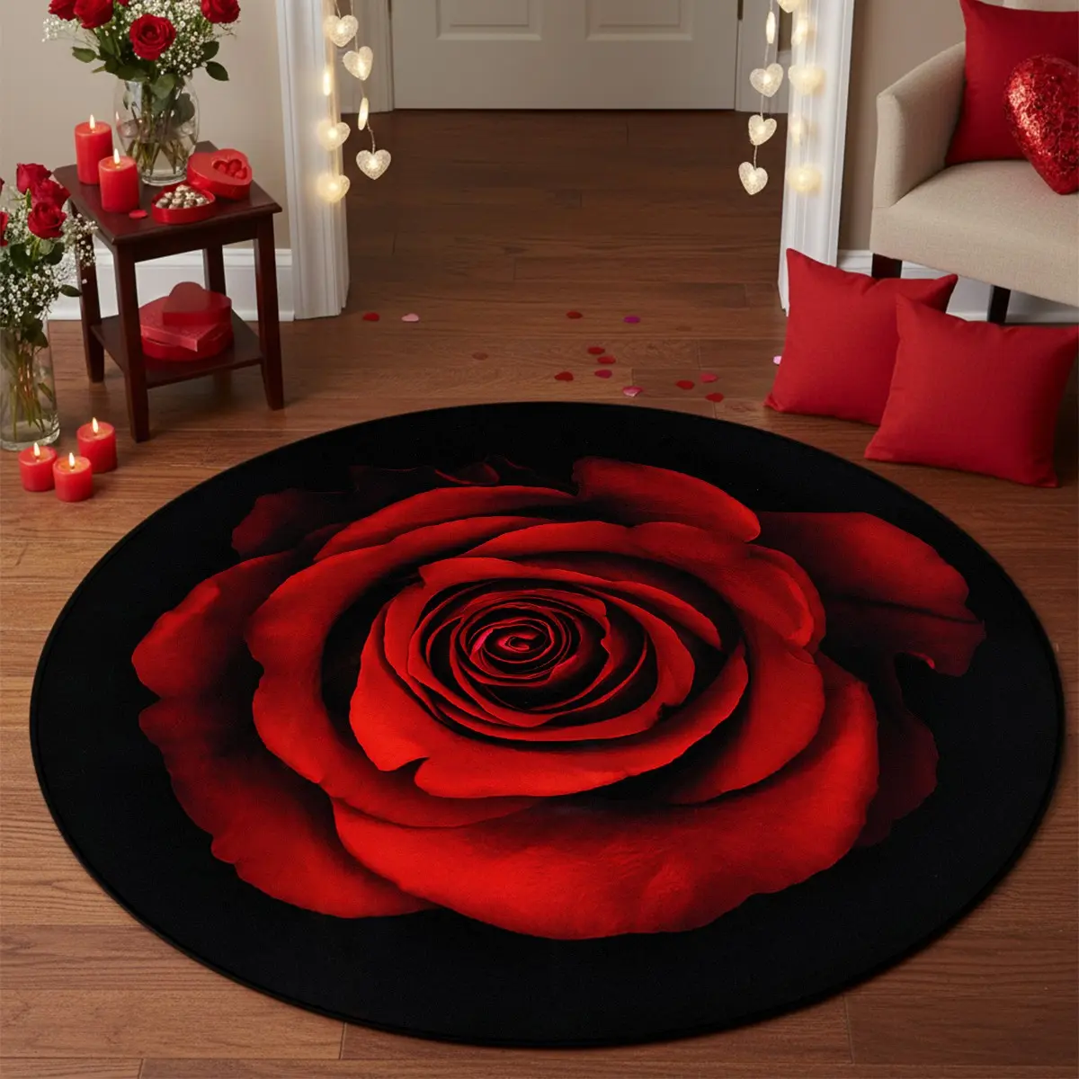 Valentine's Day Round Print Home Decor Rug, Rose Patterned Carpet, Soft Low Pile, Non-Slip Floor Mat for Living Room Bedroom, Round Floral Rug