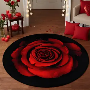 Valentine's Day Round Rug, Rose Patterned Carpet, Soft Low Pile, Non-Slip Floor Mat for Living Room Bedroom