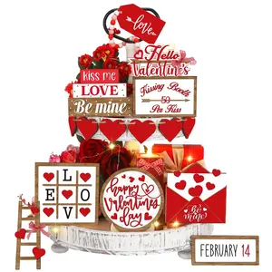 Wooden Valentine's Day Decoration Set, 15pcs/set Romantic Heart & Letter Pattern Desktop Ornament, Hanging Decor, Decorative Supplies for Home Party Wedding