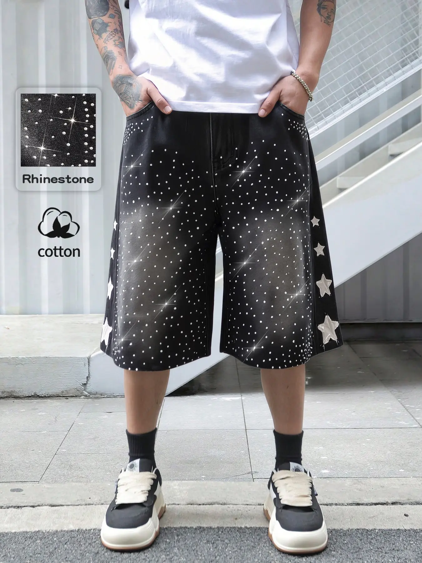 Studded Star Embroidered Casual Jeans, Loose Fit High Waisted Denim Shorts, American Street Style Fashion Daily Wear Streetwear All Seasons, Casual Relaxed Shorts