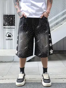 Studded Star Embroidered Casual Jeans, Loose Fit High Waisted Denim Shorts, American Street Style Fashion Daily Wear