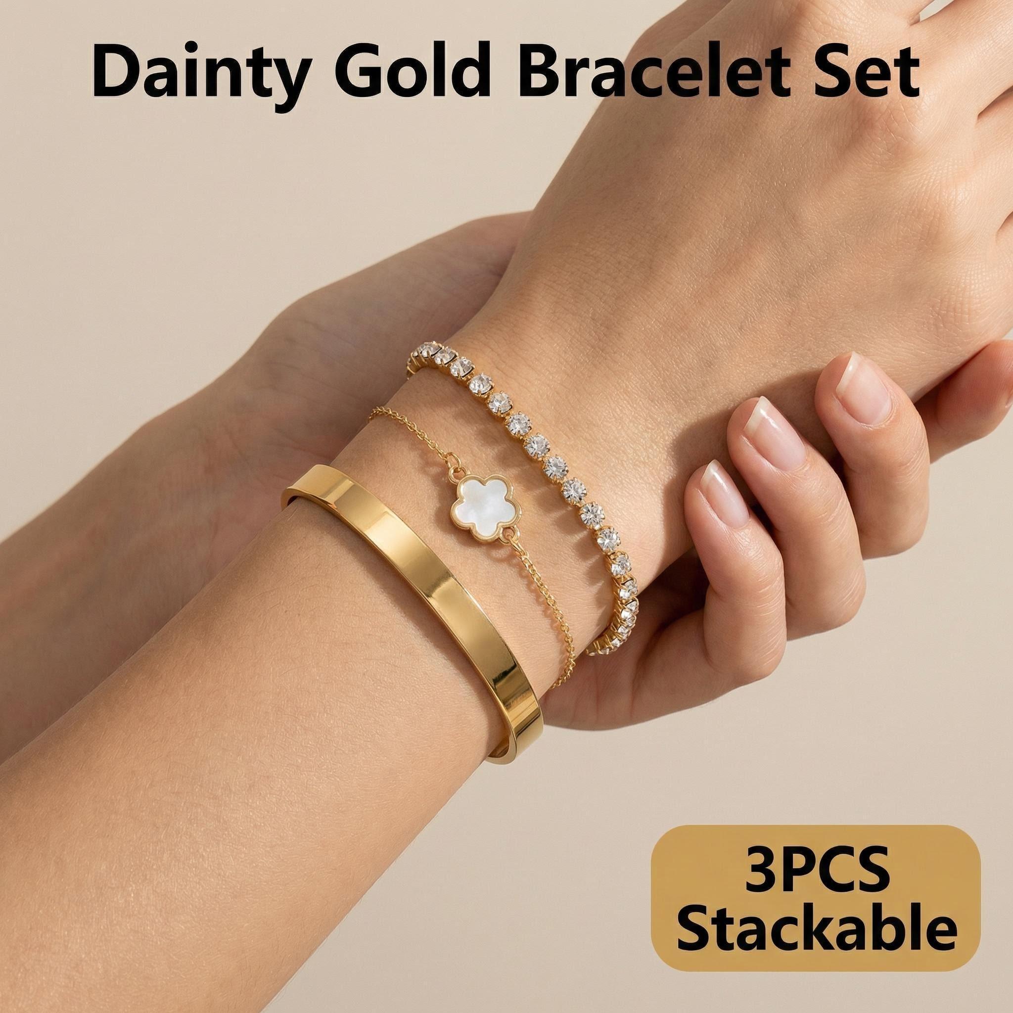 three-piece set Gold Multi Chain Bracelet Set Luxury Stackable Bracelets with Shiny Wide Metal Chain Rhinestone Thin Chain and Five Leaf Clover Pendant for Women Five Leaf Clover Gold Bracelet  Stackable Gold Bracelet for Women