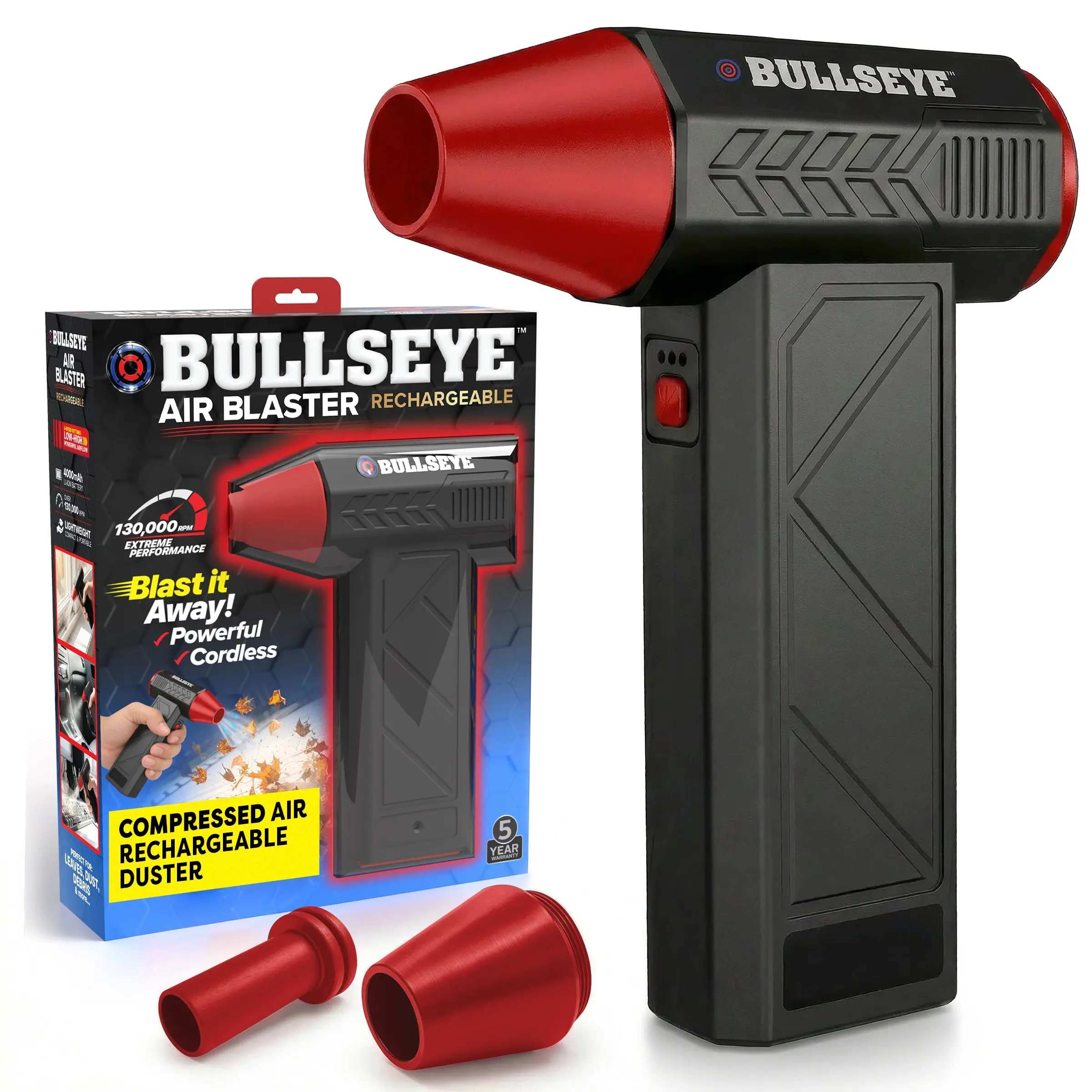 Bullseye Rechargeable Air Blaster – Portable Cordless Electric Air Duster & Leaf Blower with 3 Speeds, 2 Nozzles & 4000mAh Battery