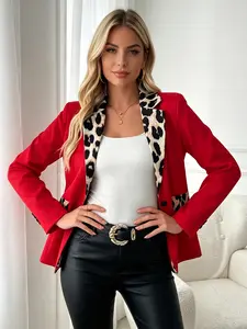 A fashionable, Elegant, Chic women's red leopard print lapel patchwork suit jacket, with a contrasting leopard print lapel design that is eye-catching and suitable for commuting to work, shopping, and outdoor wear