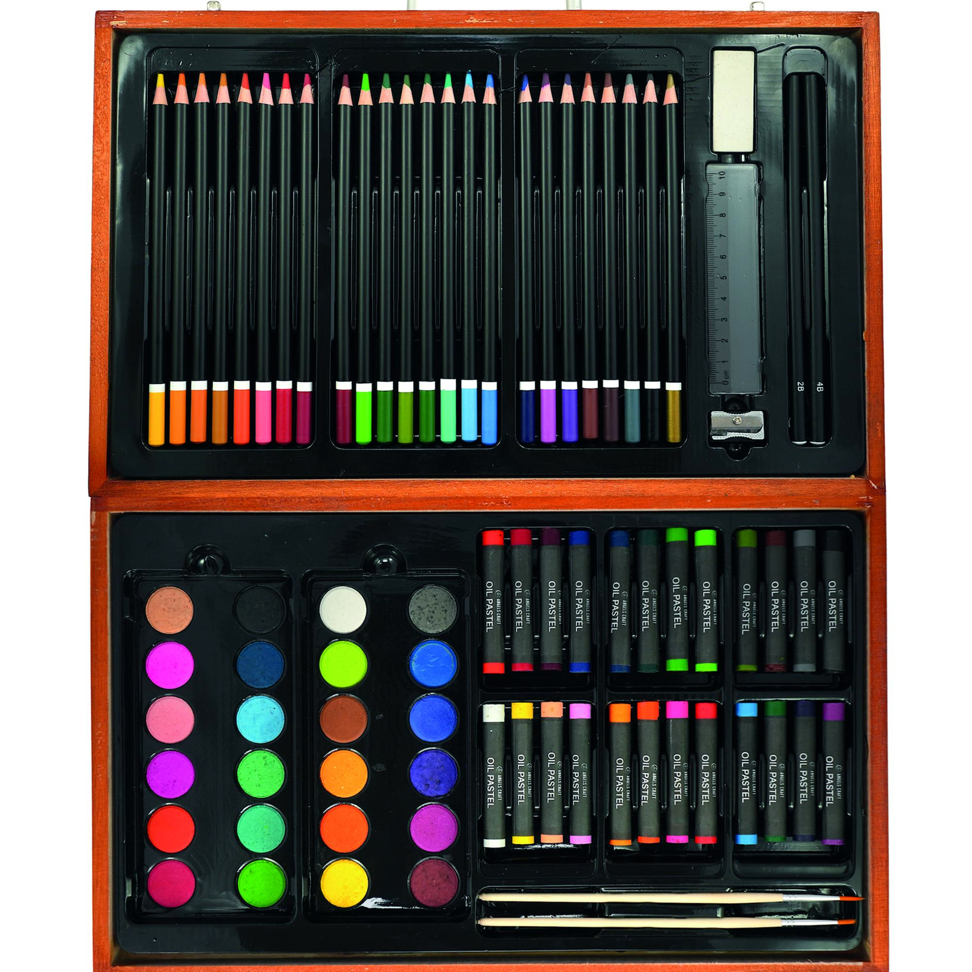 80-Piece Artistic Deluxe Set with 24 Oil Pastels 24 Colored Pencils 24 Watercolors 2 Brushes 2 Sketch Pencils 1 Sharpener 1 Eraser in Wooden Case