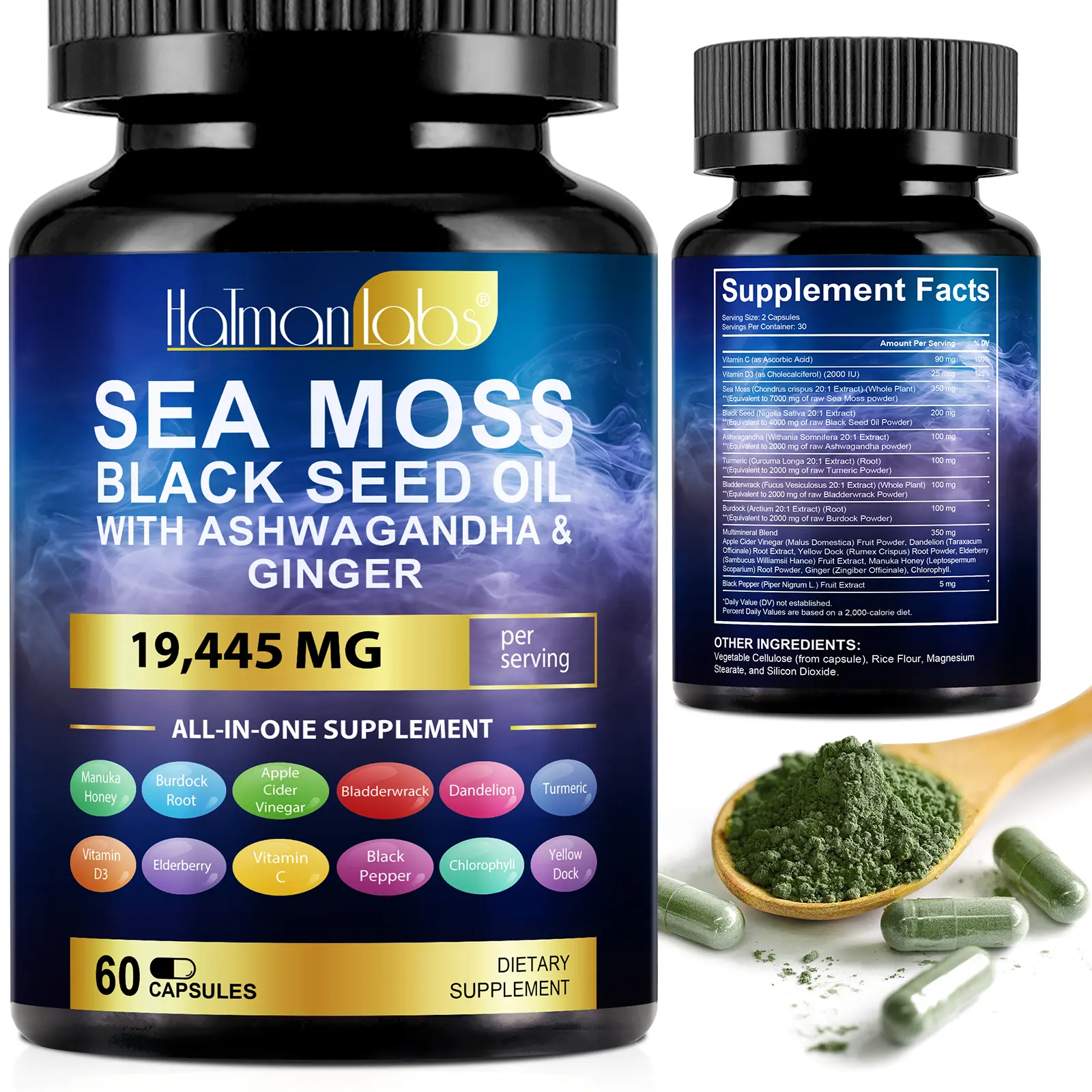 Sea Moss Capsules 60 Count 3 in 1 Formula with Black Seed Oil and Ashwagandha 19445mg Irish Sea Moss Supplement for Immune Support Energy Metabolism Boost Overall Wellness for Men and Women