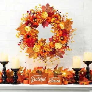 Autumn Wreath Hanging Decoration, Harvest Festival Maple Leaf Pumpkin Wreath Door Hanger, Thanksgiving Halloween Decorations