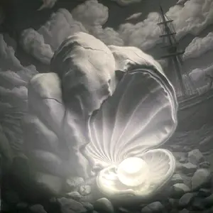 Pearl of the deep -  Night light - custom night light featuring an underwater scene of a pearl glowing in an oyster with a background of a sunken ship