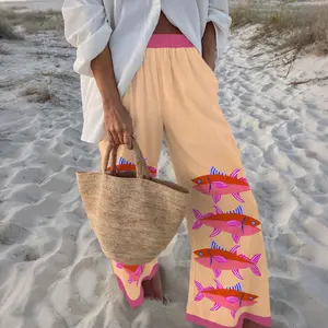 Women's Color-blocked Sardine Print Pants - Elastic Waistband, Stylish, Lightweight, Drape Design, Halter-compatible for Beach Tops, Comfortable Vacation Wear Belt