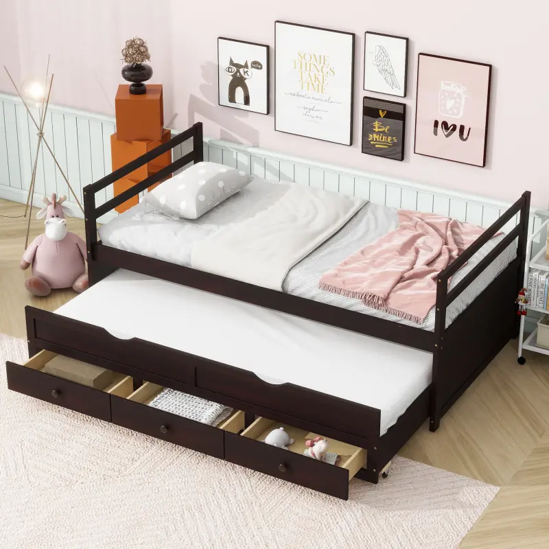 Twin Size Captain Bed with 3 Storage Drawers and Twin Size Trundle, Wooden Platform Bed Frame with Slats