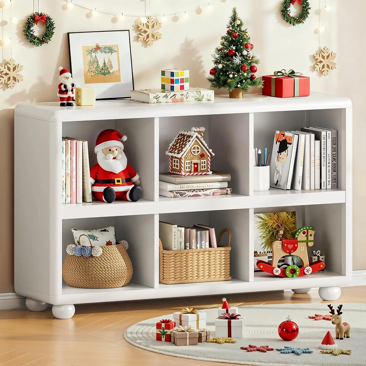 【SummerFinds】ONBRILL Wooden Bookcase with 6 Cube Storage, Kids Bookshelf with Sphere Foot, Sturdy Toy Storage Organizer, Safe Rounded Corners Bookcase for Living Room, Playroom, Nursery