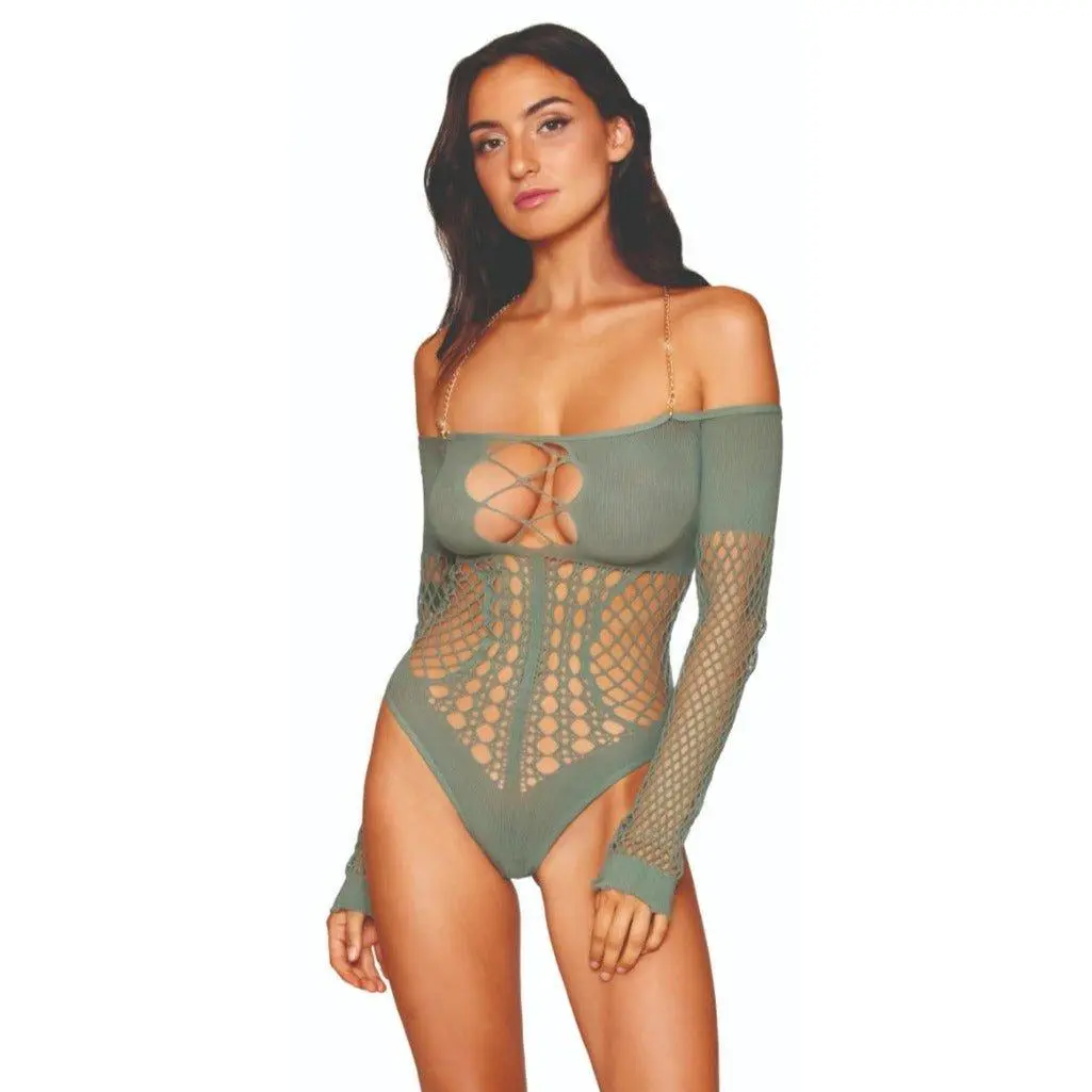 Long Sleeve Seamless Crochet Teddy with Gold Chain
