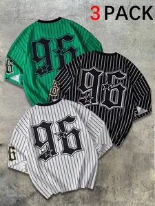 [3-Pack] Premium Breathable Pinstripe Baseball Jersey Tee | New York 96 Varsity Style Athletic Short Sleeve Shirt | High Street Loose Fit Sporty Top for Summer Skateboard & Outdoor