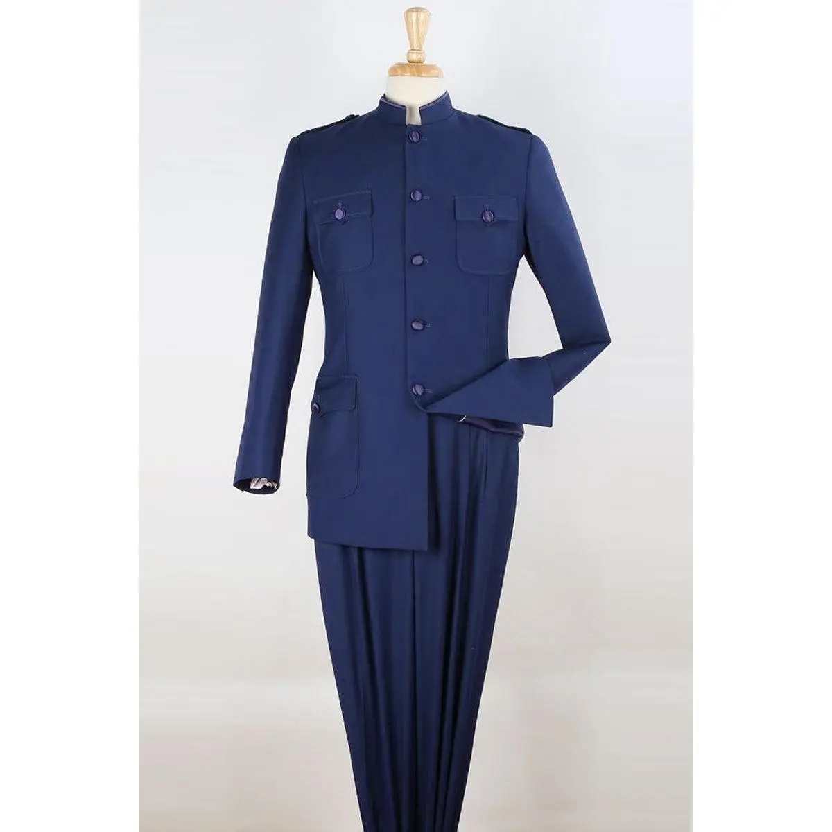 Mens Five Button Military Insired Mandarin Banded Safari Suit in Navy