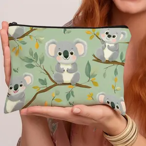 1pc Cute Koala Family  Makeup Bag -  Nature Green Leaves Zippered Multifunctional Travel Toiletry Organizer with Floral Design, Portable Cosmetic Pouch for Women & Men, Ideal for Business, Daily Use, Travel Makeup Bag