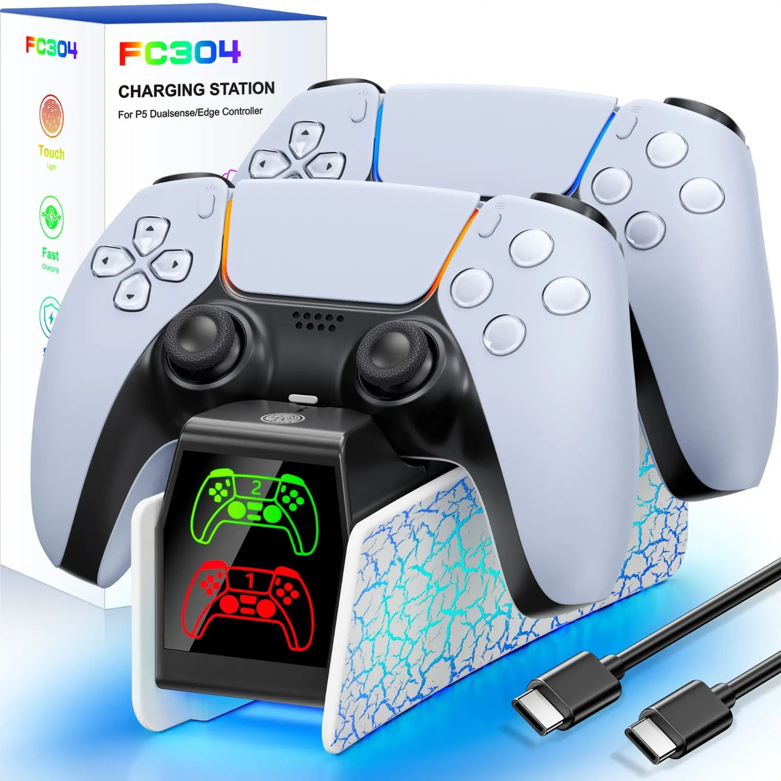 PS5 Charging Station, 2H Fast PS5 Controller Charger for PS5 Dualsense Controller, Upgrade PS5 Charging Dock with 2 Types of Cable, PS5 Charger for Dual PS5 Controller