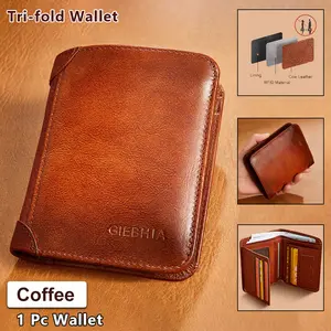 RFID Men's Wallet  Leather Tri-fold with 2 ID Windows 11 Credit Card Slots Durable Retro Short Multi-function Coffee Color Perfect Gift