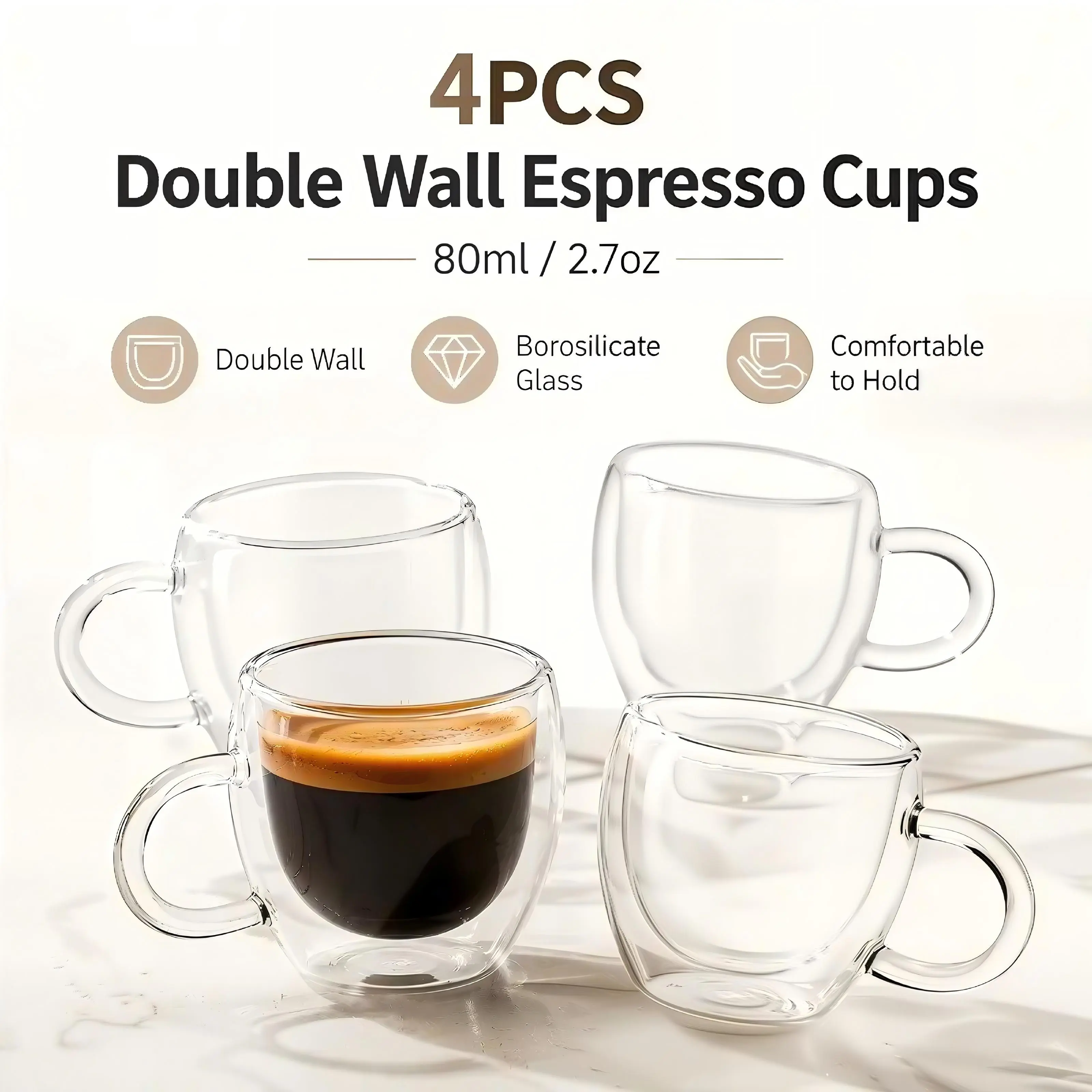 4Pack - 2.5oz Double-Walled Glass Coffee Cups with Handles, Clear Espresso Cups, Essential for Beverages, High-Borosilicate Glass, Tea Cups, Cappuccino Cups, Latte Cups, Crystal Glasses, Coffee Cups, Handheld Cups, Compatible with Espresso Machines