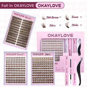 OKAYLOVE Brown Lash Clusters Kit with Long-lasting Lash Bond and Seal,Tweezers and Remover for DIY Eyelash at Home for Natural Makeup Girl Gifts