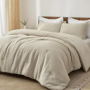 3 count Waffle Weave Comforter Set  Size, Lightweight Breathable Comfy Bedding Set for All Season, Ultra Soft Textured Comforter Set with 2 Pillow Shams, Linen