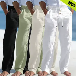 4-pack men’s loose linen casual pants—breathable and comfortable, featuring adjustable drawstring and button design; machine washable, suitable for outdoor travel, vacations, and everyday wear.