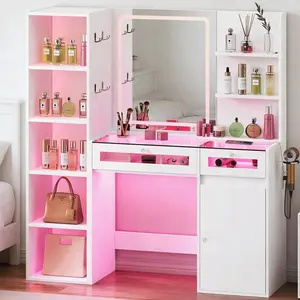 Makeup Vanity Desk with Lighted Mirror and RGB Drawers, Transparent Top Vanity Table with Charging Station, 5-Shelf Makeup Organizer for Women, White Furniture Vanity Set for Bedroom, Modern Dressing Table with Storage summervibes