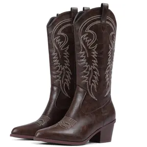 EROCALL Women's Western Knee High Cowboy Boots Embroidered Wide Calf Cowgirl Boots with Chunky Block Heel for Fall Winter