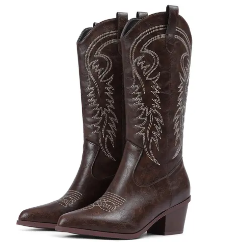 EROCALLI Women's Western Decor-Embroidered Wide Calf Knee-High Cowgirl Boots - Shoes for Women, Block Heel, Casual Classic Cowgirl and Outlaw Style Fall Winter Footwear