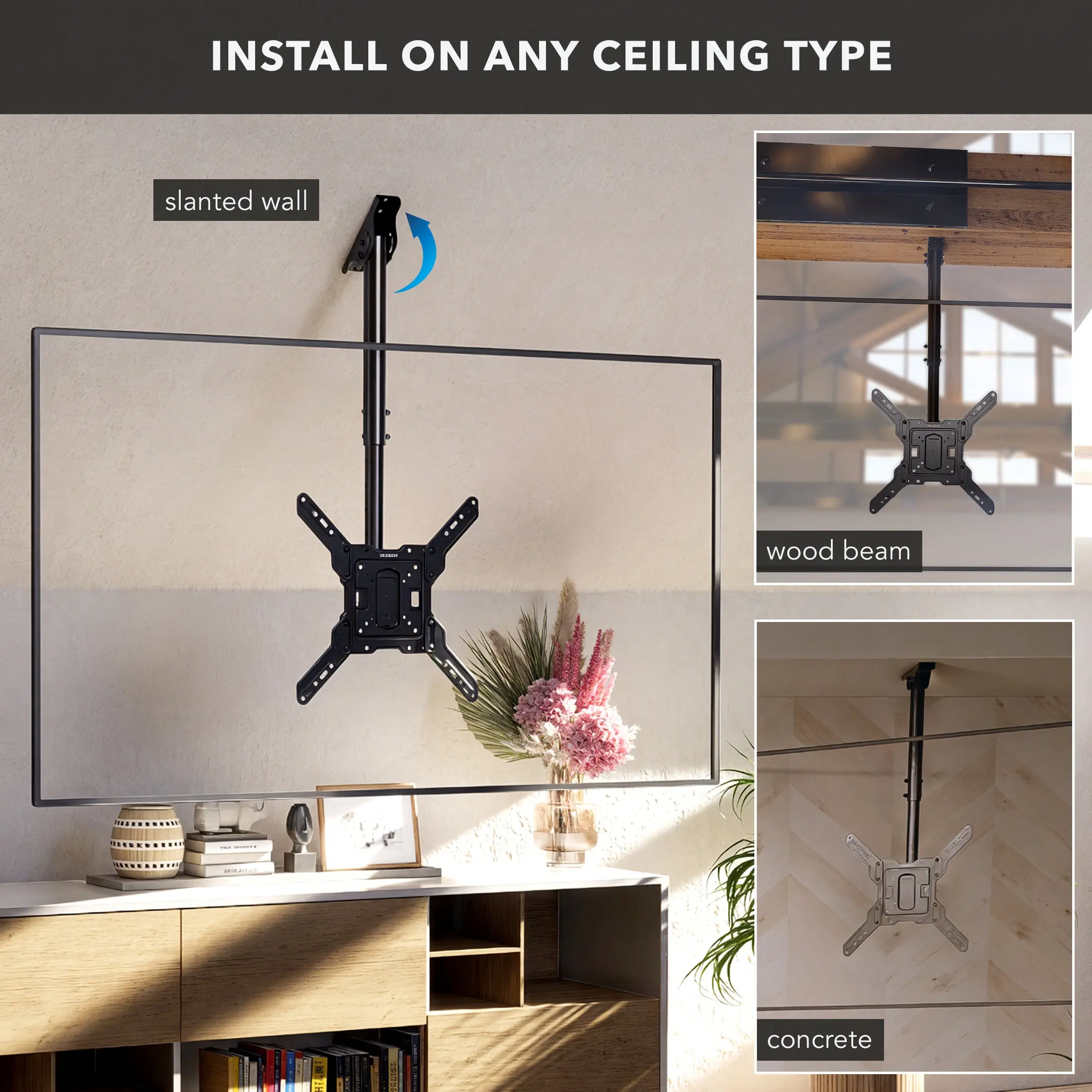 Mount-It! Ceiling TV Mount Full Motion Height Adjustable Mount Fits TVs Up to 65" Supports 99 lbs with 6 Height Settings Tilt & Swivel Functionality