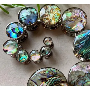 PAIR of Unique Abalone Inlay Steel Screw Fit Plugs - Gauges 8g (3.2mm) thru 1" (25mm)