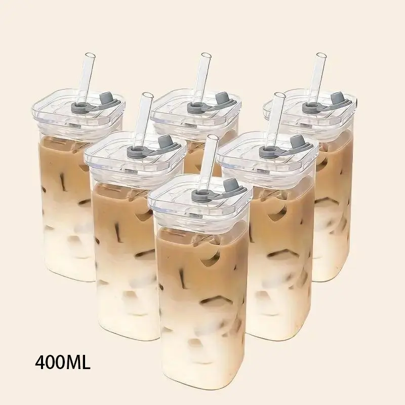 PrimePickGlobal Heat-Resistant Portable Glass Mug with Lid & Straw - 4/6 Counts Durable Drinkware Must Haves, Reusable Kitchen Gadgets for Indoor & Outdoor Activities (With Straw Mugs), Glass Mug With Lid And Straw Glasses