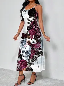 Women's Gothic Skull Rose Floral Print Sleeveless Long Dress, Sexy Thin Straps Bodycon A-Line Gown, Perfect for Clubs and Gothic Parties