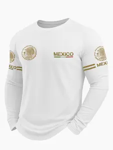 Men's 3D Print Long Sleeve T-Shirt, Breathable and Comfortable Cropped Casual Wear with Mexican Pattern, Fitted Crop Style for All Seasons