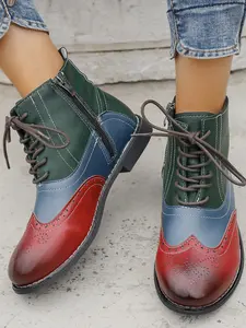 Retro British Style Colorblock Short Boots, Lace-Up + Zipper Design, Comfortable Walking Feel, Women's Fashion Footwear