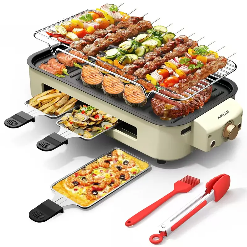 Indoor Smokeless Electric BBQ Grill，Non-Stick Cooking Removable Plate,5 adjustable temperatures,Dishwasher Safe,1500W,Kitchen Appliances, Household