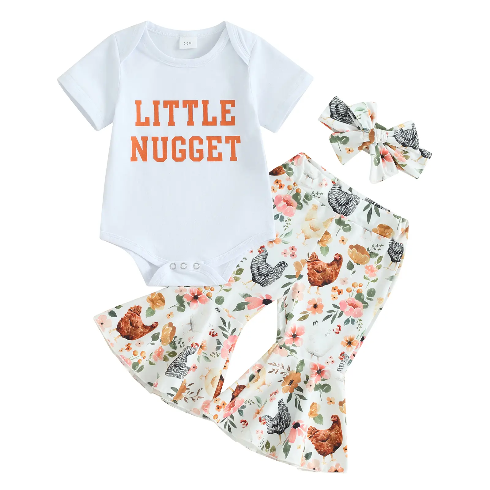 Meihuida Infant Baby Girl Farm Outfit Little Nugget Bodysuit Chicken Floral Flare Pants Headband Newborn Coming Home Outfit