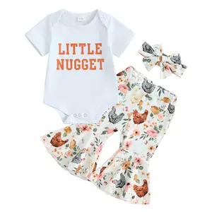 Baby Girl Summer Outfit Little Nugget Short Sleeve Romper Farm Chicken Flare Pants Headband 3 Piece Clothes Set