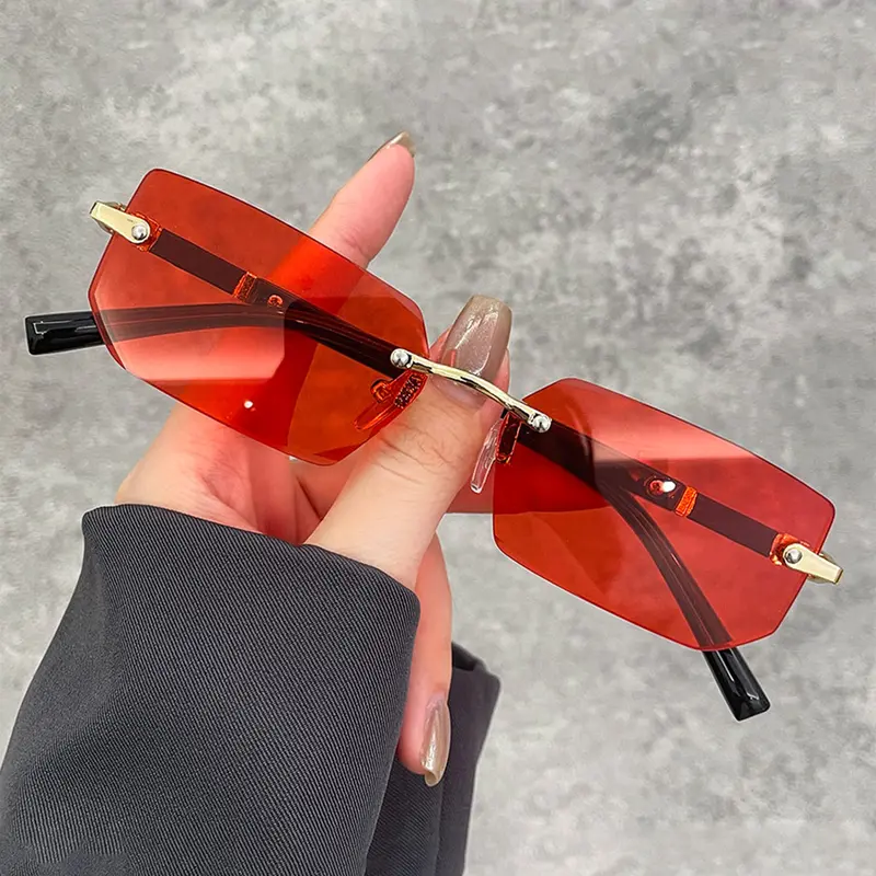 rectangular sunglasses, Fashionable Sunglasses, Frameless rectangular gradient lenses, men and women colored lens metal, available in multiple colors, metal temples increase durability, suitable for casual wear and daily use
