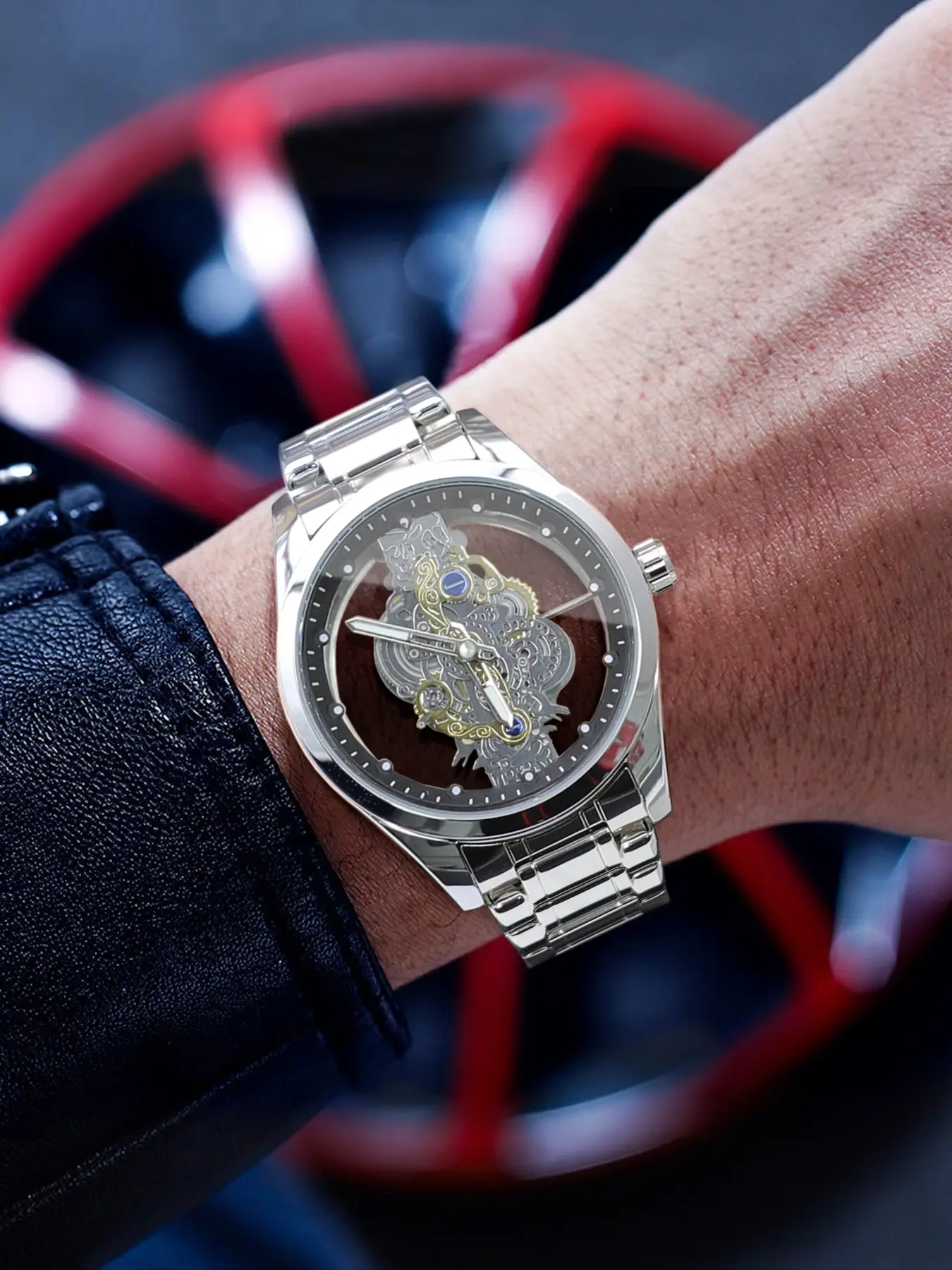 Men's Hollow-Out Steel Quartz Watch, Fashionable Business Casual Style, Round Analog Dial, Fold-Over Clasp, All Seasons Wear, Perfect Gift, Modern Fashionable Wristwatch, Business Fashion Watches