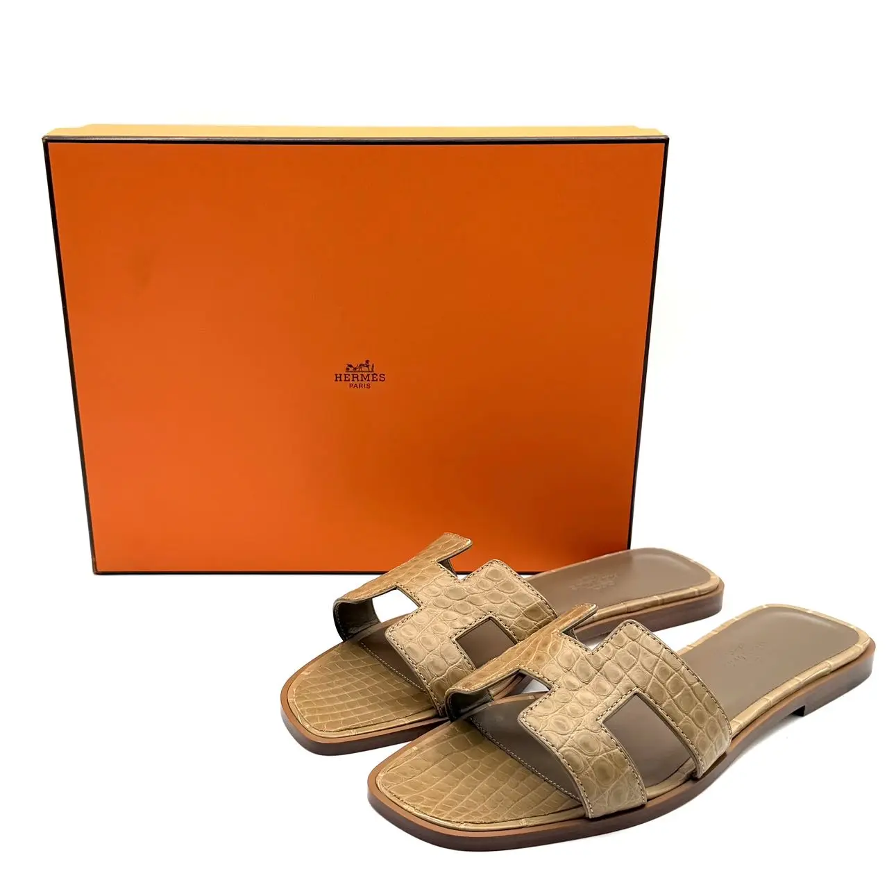 CALUXS-Hermès Alligator Oran Leather Slides 37.5