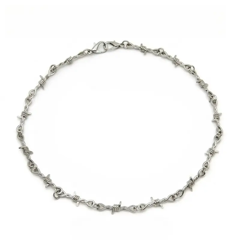 Gothic Barb Wire Short Choker Necklace - Silver-Tone Metal Alloy Chunky Thorn Chain Punk Necklaces, Bold Enough to Make a Statement, All-Match Emo Alt Jewelry, Leather-Jacket Fit Accessory for Men & Women, Birthday Gift Pairs with Tees, Jeans, Jackets