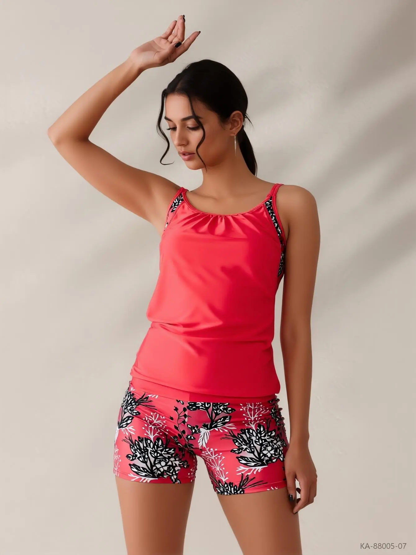 Aura Swim Women's 2026 Trendy Tankini Swimsuit - 2-Piece Quick-Dry Blouson Top with Red Floral Print, Adjustable Straps, Ruched Design, Slip-Free Snatches Waist, Full-Coverage Boxer Shorts, Plus Size-Friendly for Summer Beach, Pool Fitness