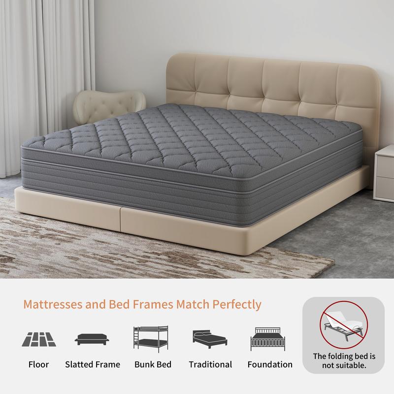【Clearance】BOMASS 12-14 Inch Twin Full Queen King Size Mattress in a Box Memory Foam Pocket Spring Gray Mattresses Medium Firm Lumbar Support, For Home Rooms Hotels, Boxed Gift Furniture Ergonomic Modern Bed