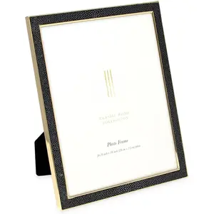 8x10 Black Leather with  Metal (Vertical & Horizontal) Picture Frame, Shagreen Border w/Black Fabric Easel, Wall-Mountable, Made For Tabletop, Photo Gallery (8x10, Black W/)
