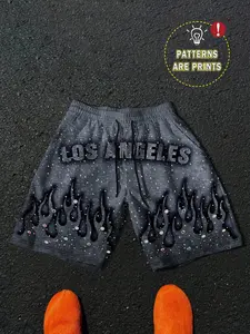 Manfinity Emrg Men's Summer Casual Street Colorful Rhinestone Letter Flame Print Loose Drawstring Shorts, Fitted Fit for Stylish Look Graphic Print Shorts