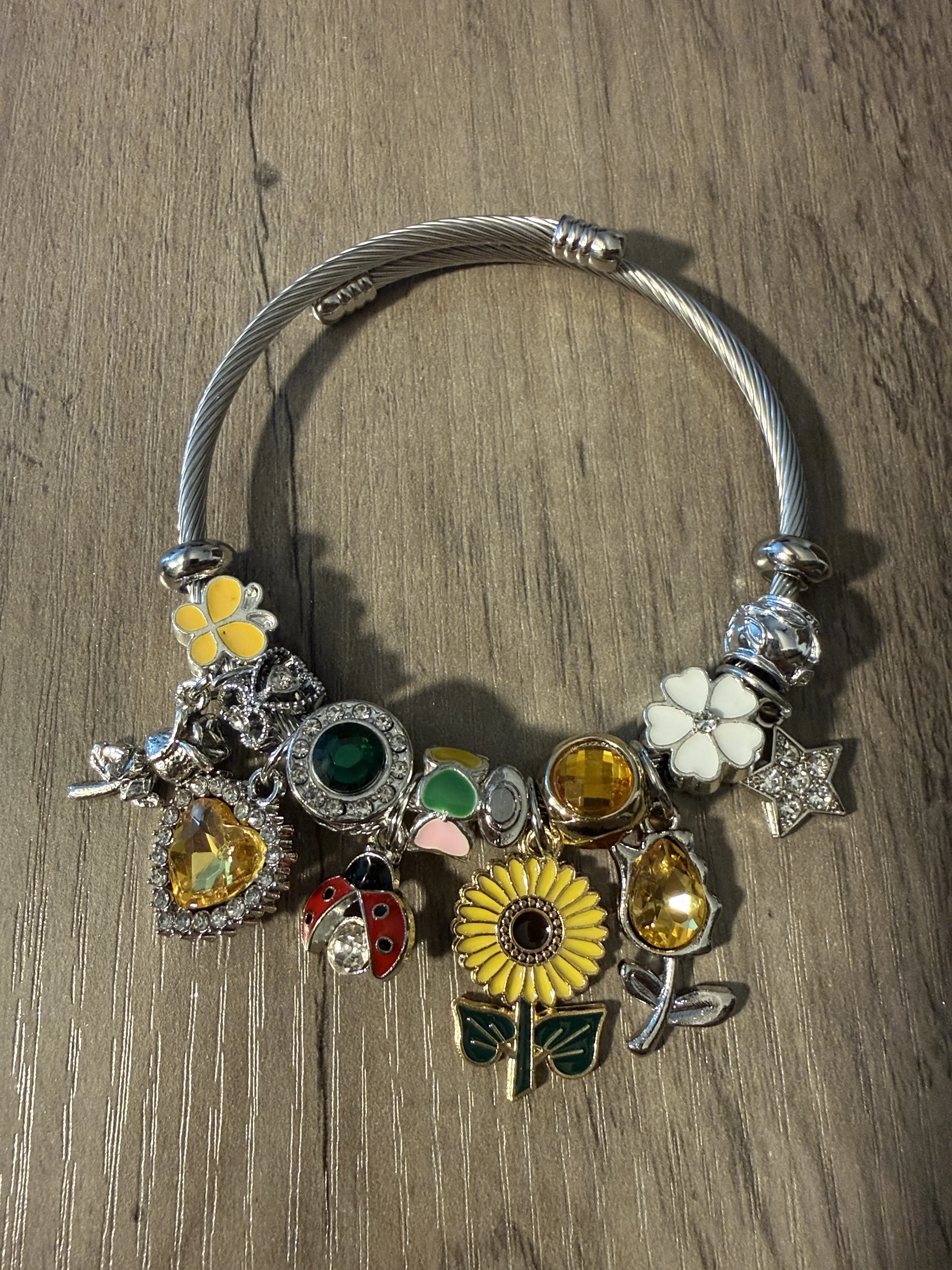 Silver-Tone Charm Bracelet with Yellow Sunflower and Gem Charms