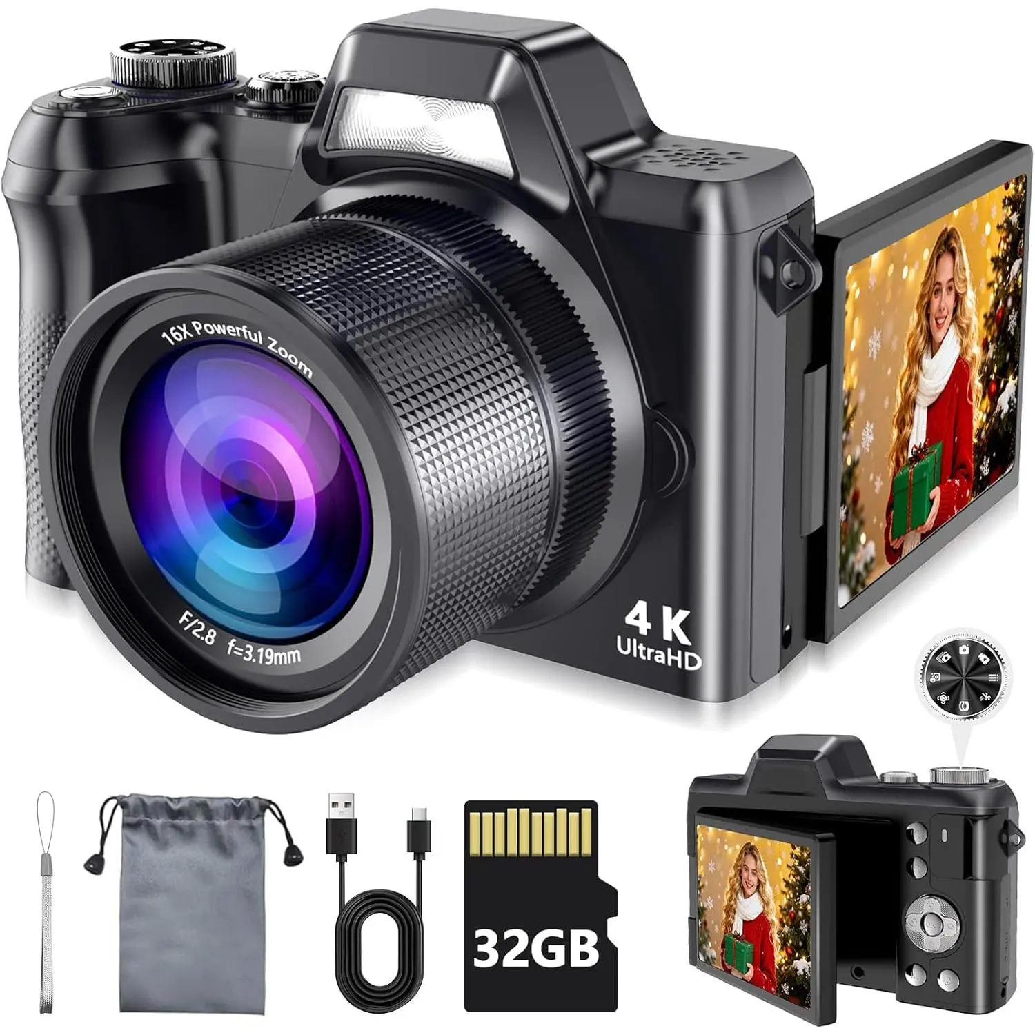 4K Digital Camera for Photography & Vlogging, 56MP Point and Shoot Digital Cameras with 180 °     Flip Screen, 16X Zoom Compact Travel Camera, Portable Camera for Adults & Beginners with 32GB SD Card