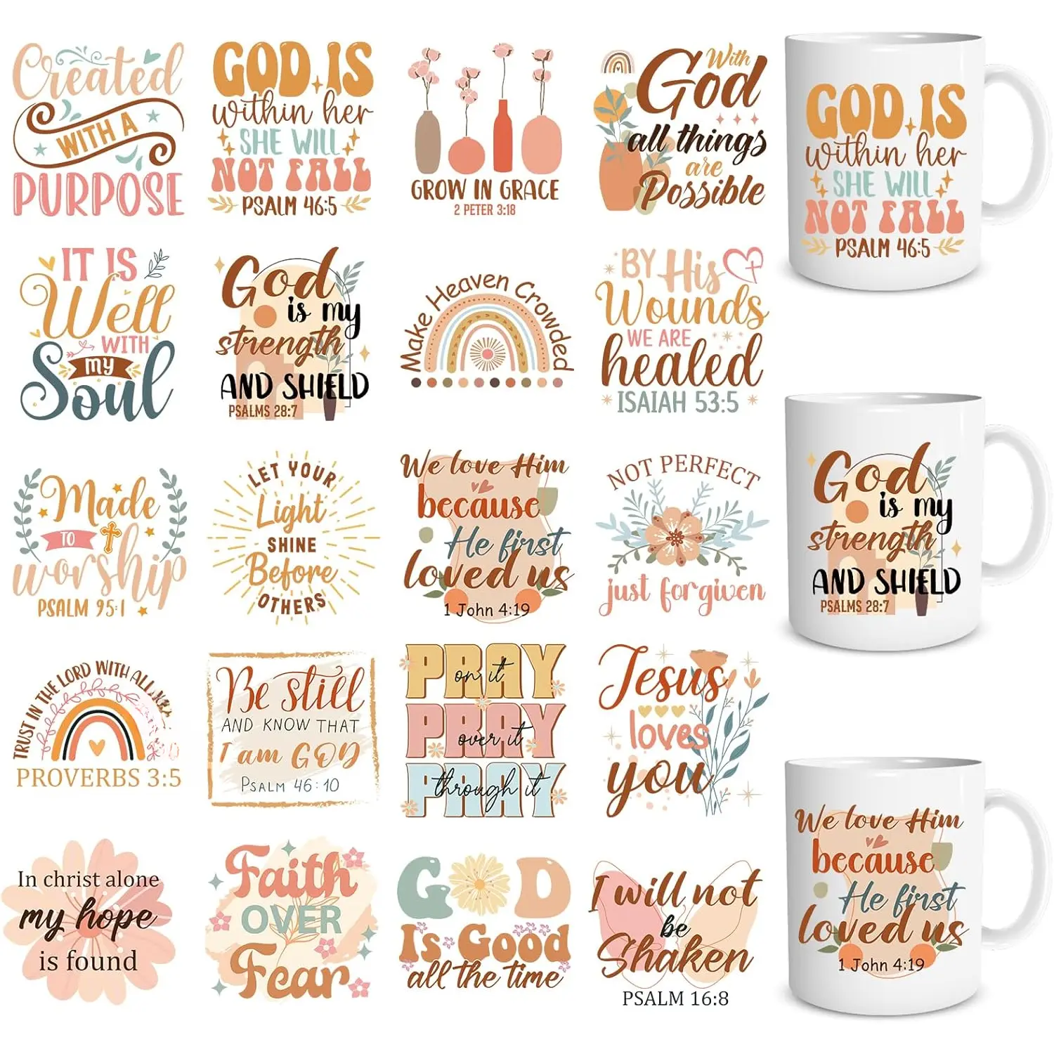 Christian UV DTF Cup Wrap - 20 Sheets  Verse UV DTF Cup Wraps for 16 OZ Glass Cups Boho Affirmative UV DTF Decals  Inspirational Transfer Stickers for Tumbler Religious Gifts