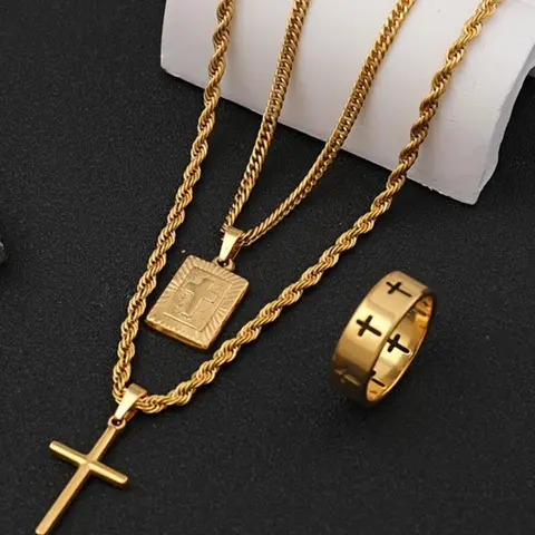 Cross Pendant Necklace & Ring, Fashion Jewelry for Party, Daily Clothing Decor, Trendy All-match & Exquisite Jewelry for Birthday Gift, Men Jewelry, Fashion Jewelry Set, Jewellery Gift Set
